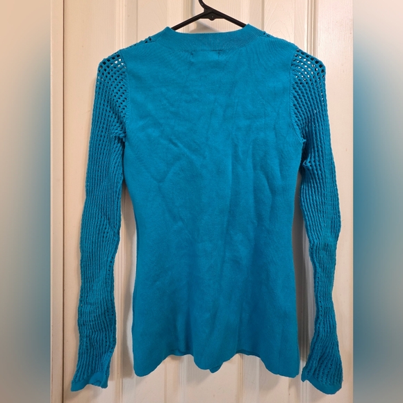 EUC Sofia Jeans V-Neck Mesh Pullover Sweater in Mykonos Blue - Picture 6 of 6